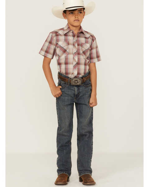 Roper Boy's Plaid Print Short Sleeve Snap Western Shirt, Brown, hi-res