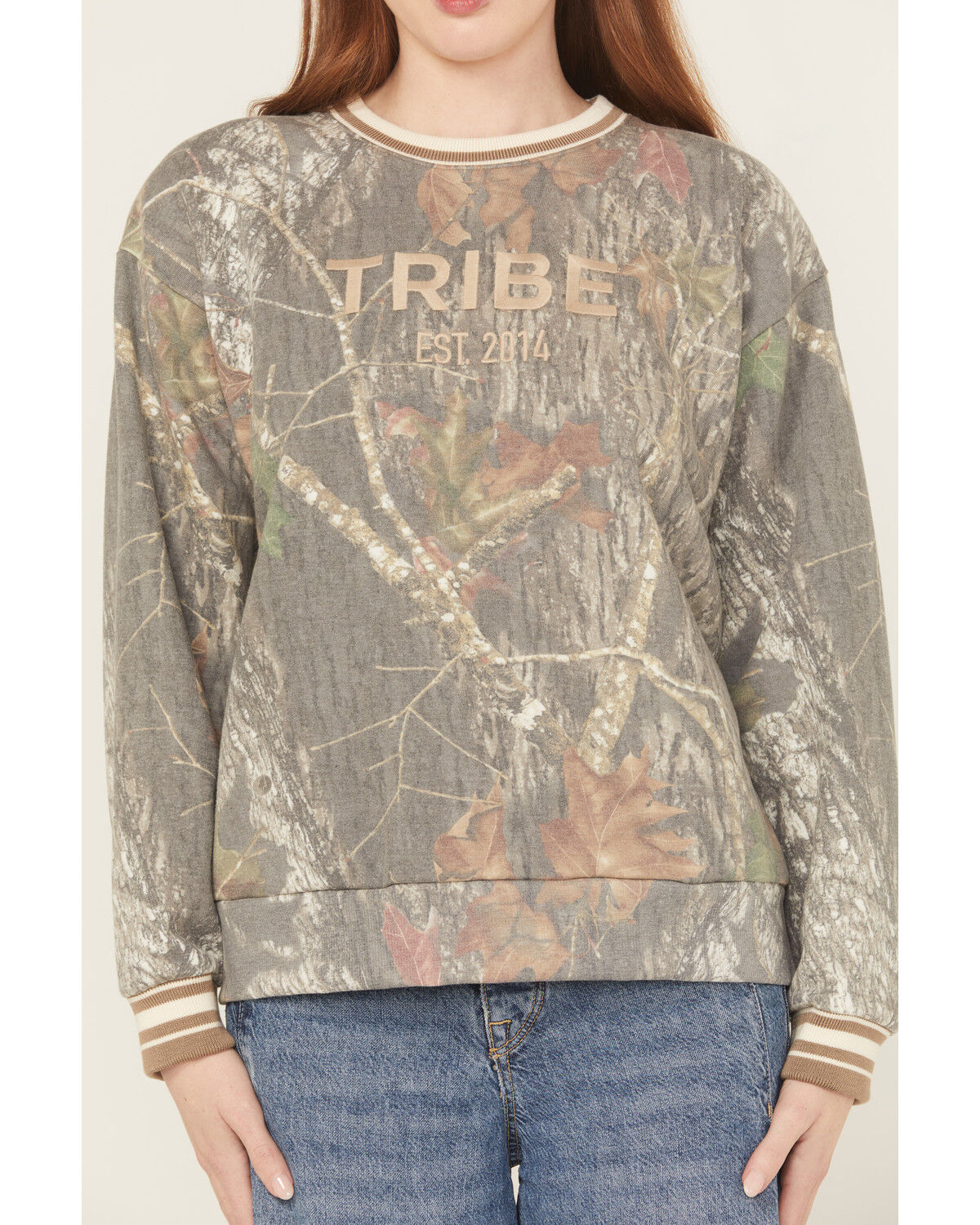 Image #3 - Tribe Kelley Women's Camo Print Varsity Crewneck, Green, hi-res