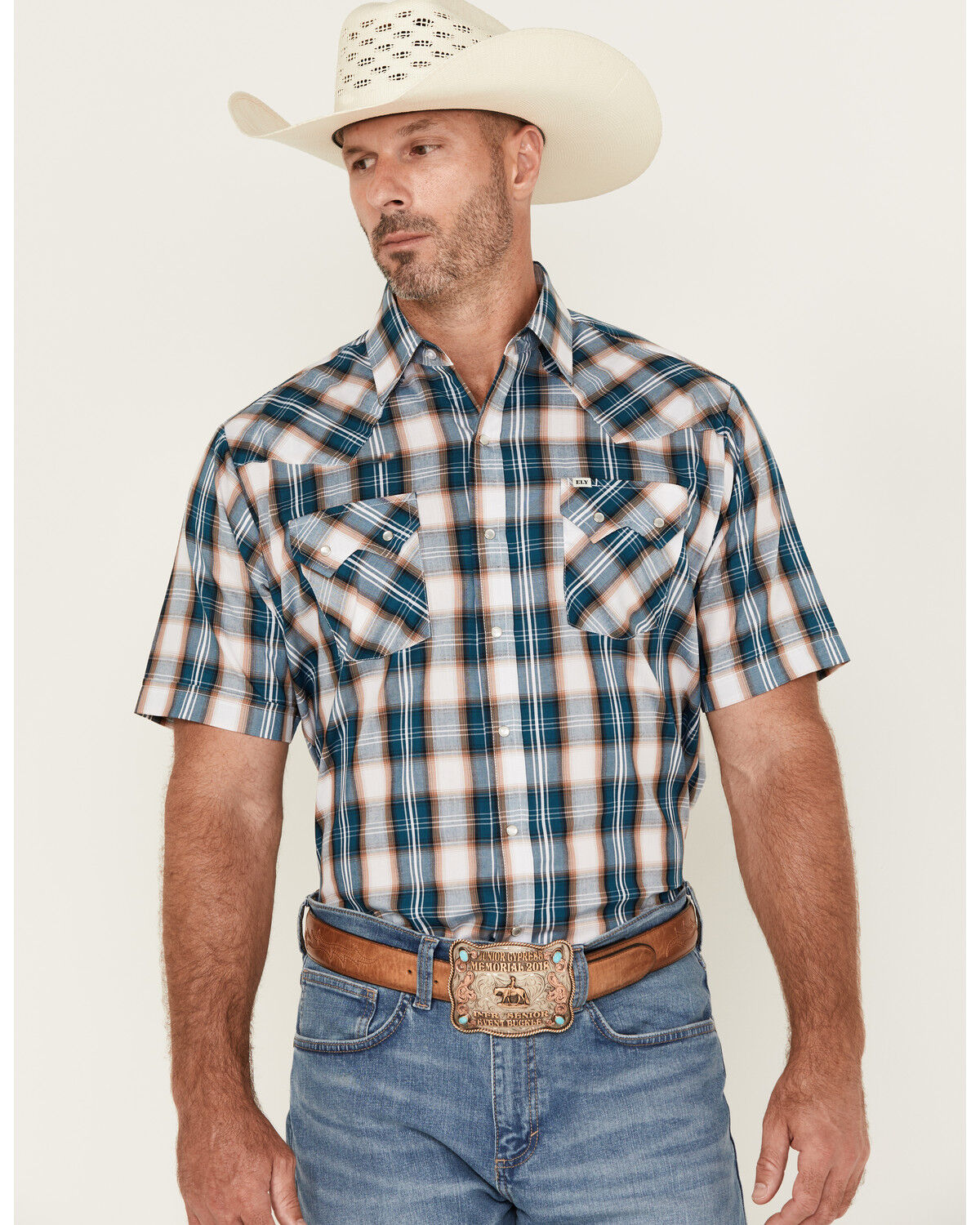 Image #1 - Ely Walker Men's Plaid Print Short Sleeve Snap Stretch Western Shirt - Tall, Teal, hi-res