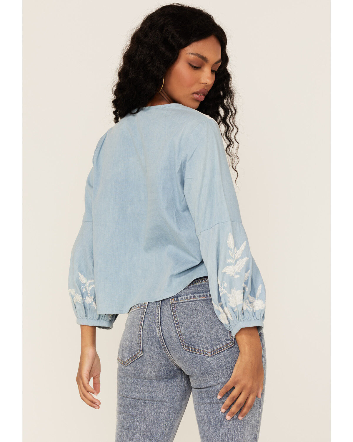 Image #4 - Roper Women's Denim Lace Embroidered Floral Peasant Top, Blue, hi-res