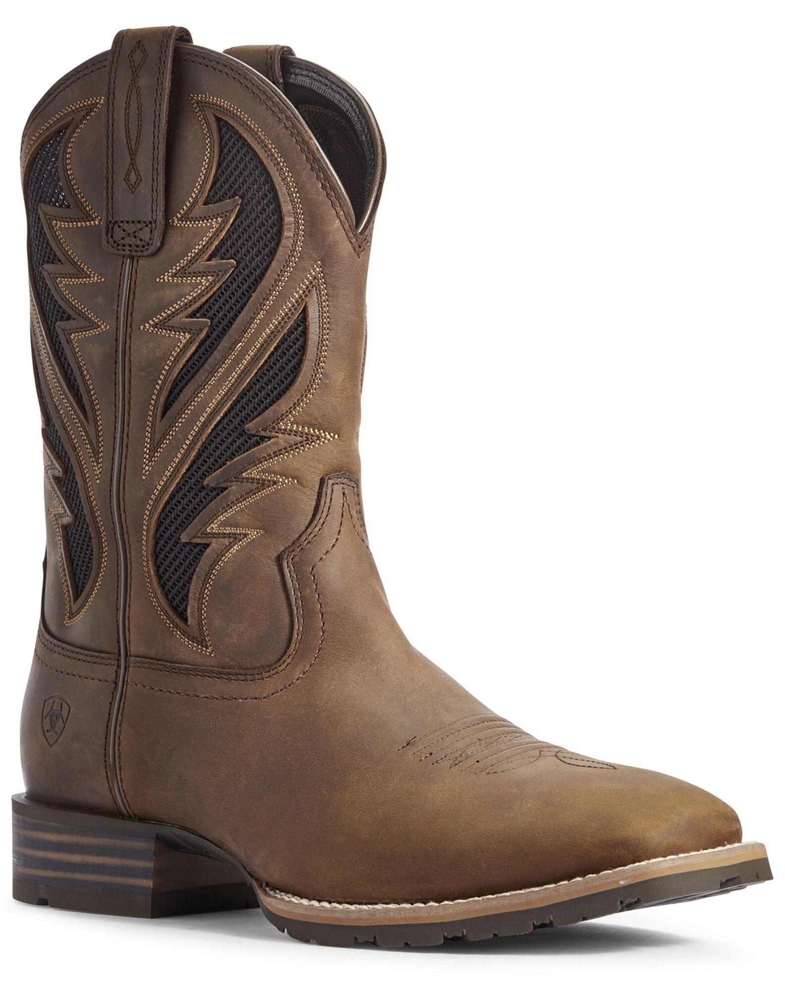 Image #1 - Ariat Men's Hybrid VentTEK Distressed Western Performance Boots - Broad Square Toe, Brown, hi-res