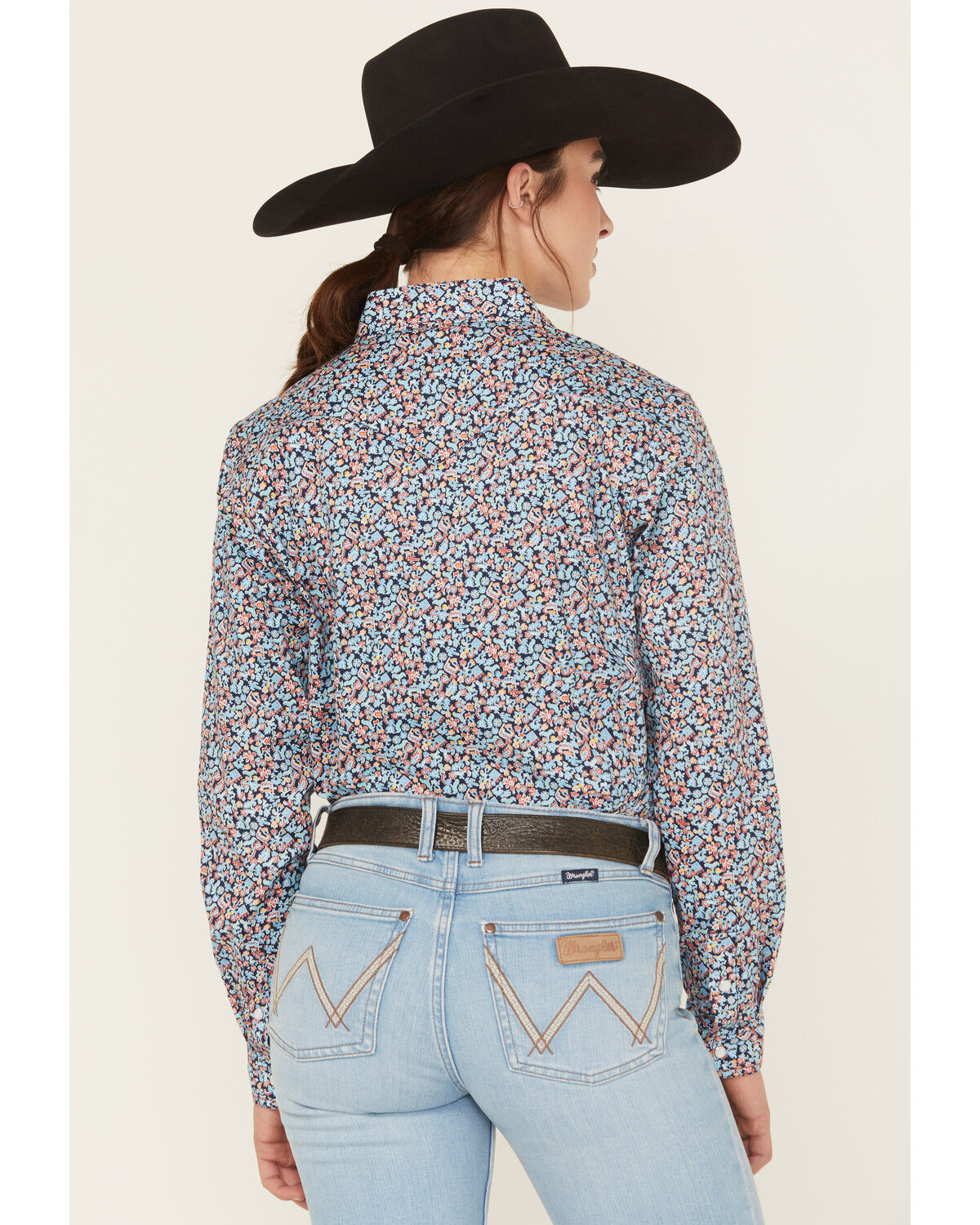 Image #4 - Panhandle Women's Printed Long Sleeve Pearl Snap Stretch Western Shirt, Navy, hi-res