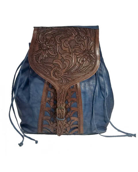 Image #1 - Kobler Leather Women's Tooled Backpack, Blue, hi-res
