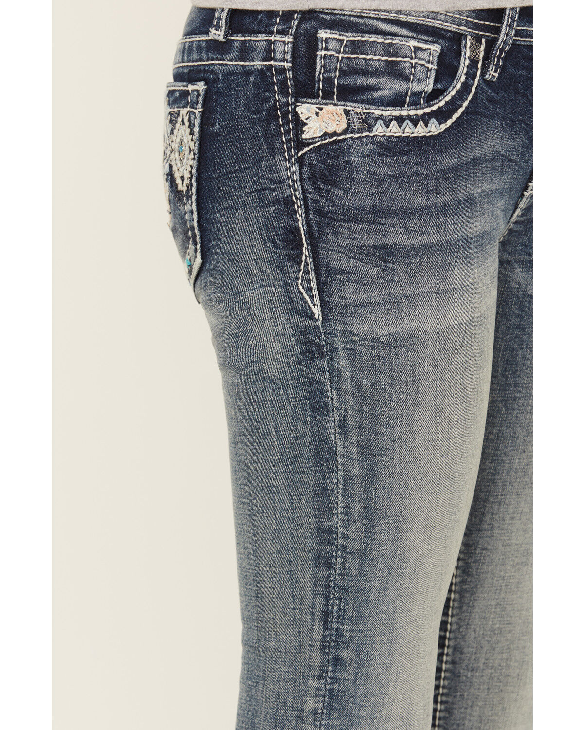 Image #4 - Grace In LA Girls' Chevron Cactus Embroidered Bootcut Stretch Denim Jeans, Blue, hi-res