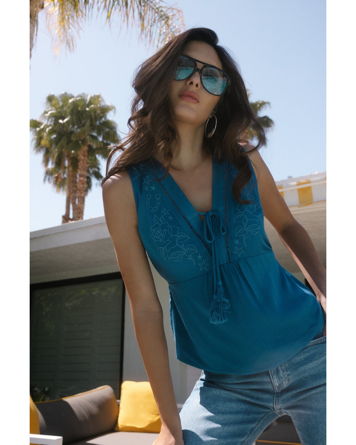 Idyllwind Women's Cedar Embroidered Tie-Front Sleeveless Top, Blue, hi-res