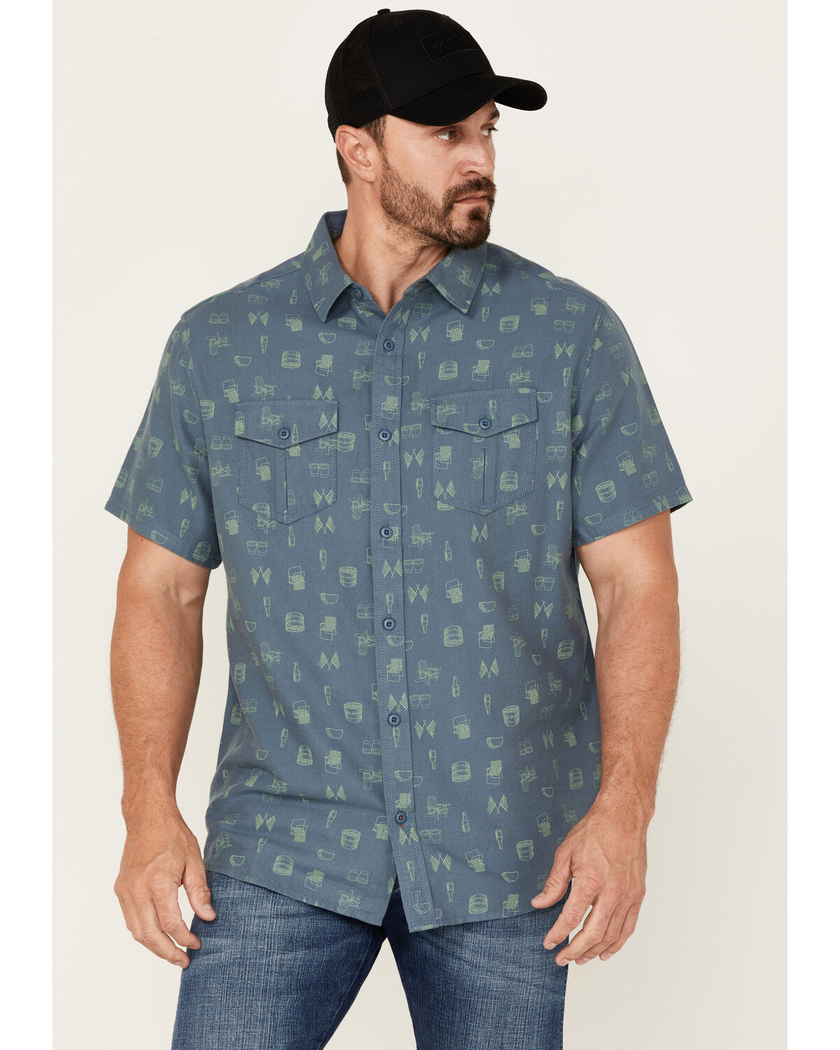 Image #1 - Brothers and Sons Men's Conversational Print Short Sleeve Button-Down Western Shirt, Indigo, hi-res