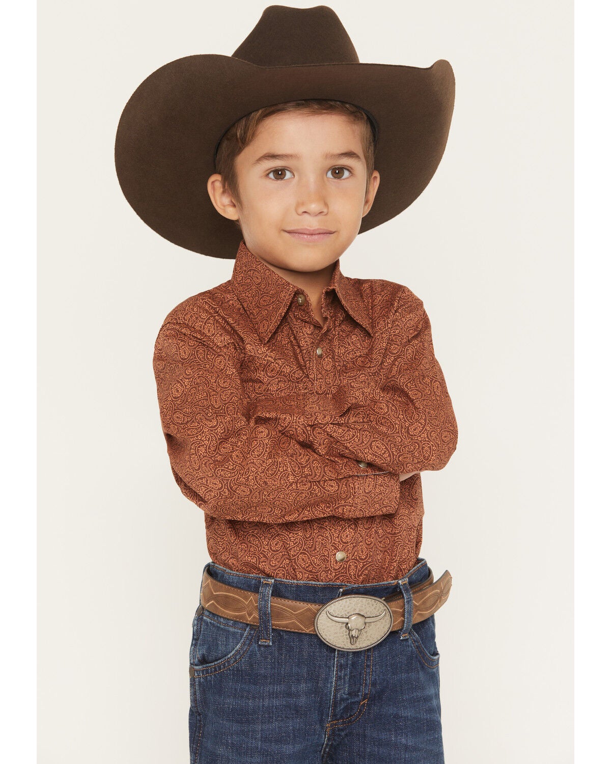 Wrangler 20X Boys' Paisley Print Long Sleeve Snap Stretch Western Shirt, Brown, hi-res