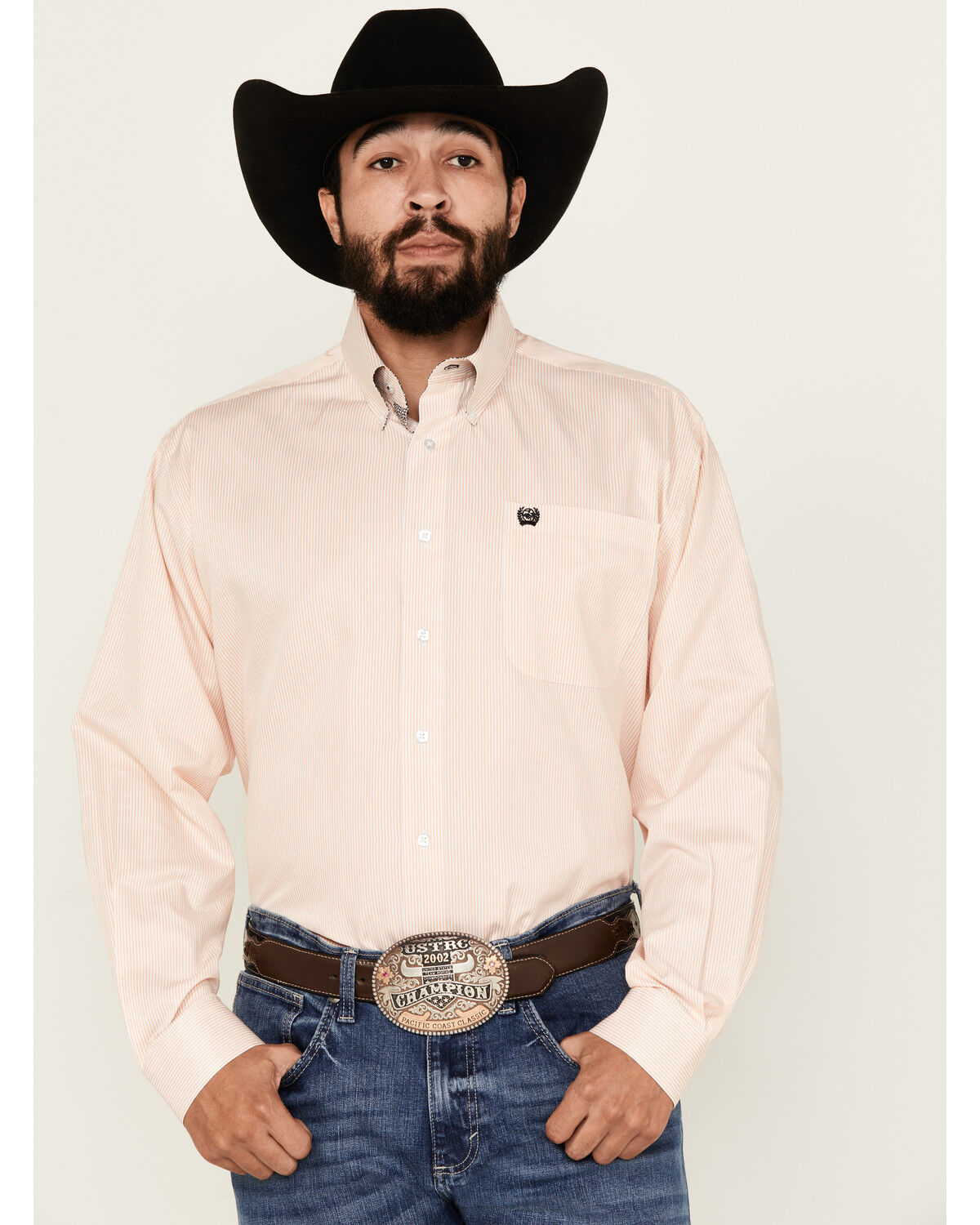 Image #1 - Cinch Men's Striped Long Sleeve Button-Down Western Shirt, Peach, hi-res