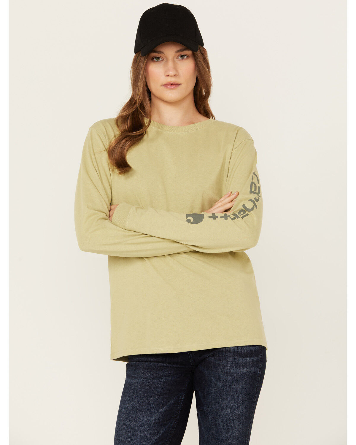 Image #1 - Carhartt Women's Loose Fit Heavyweight Logo Graphic Long Sleeve Shirt, Sand, hi-res