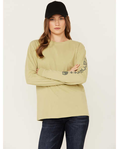 Carhartt Women's Loose Fit Heavyweight Logo Graphic Long Sleeve Shirt , Sand, hi-res