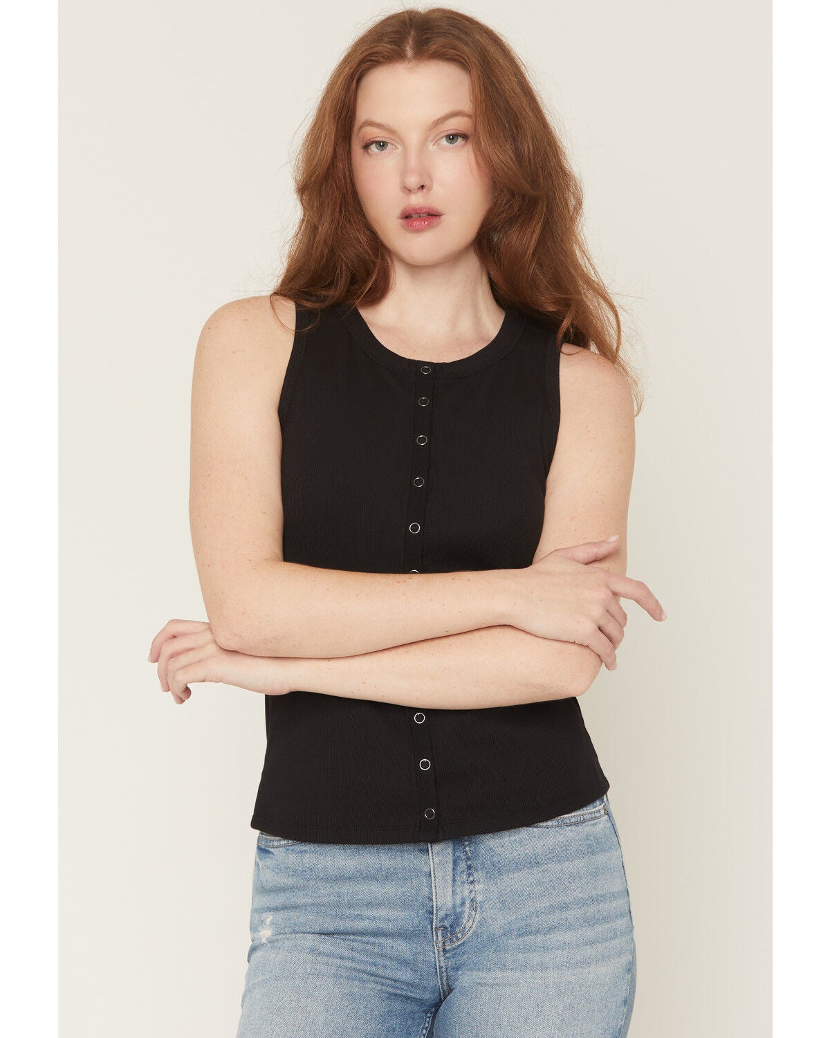 Image #1 - Idyllwind Women's Solid Sleeveless Snap Rib Knit Tank Top, Black, hi-res