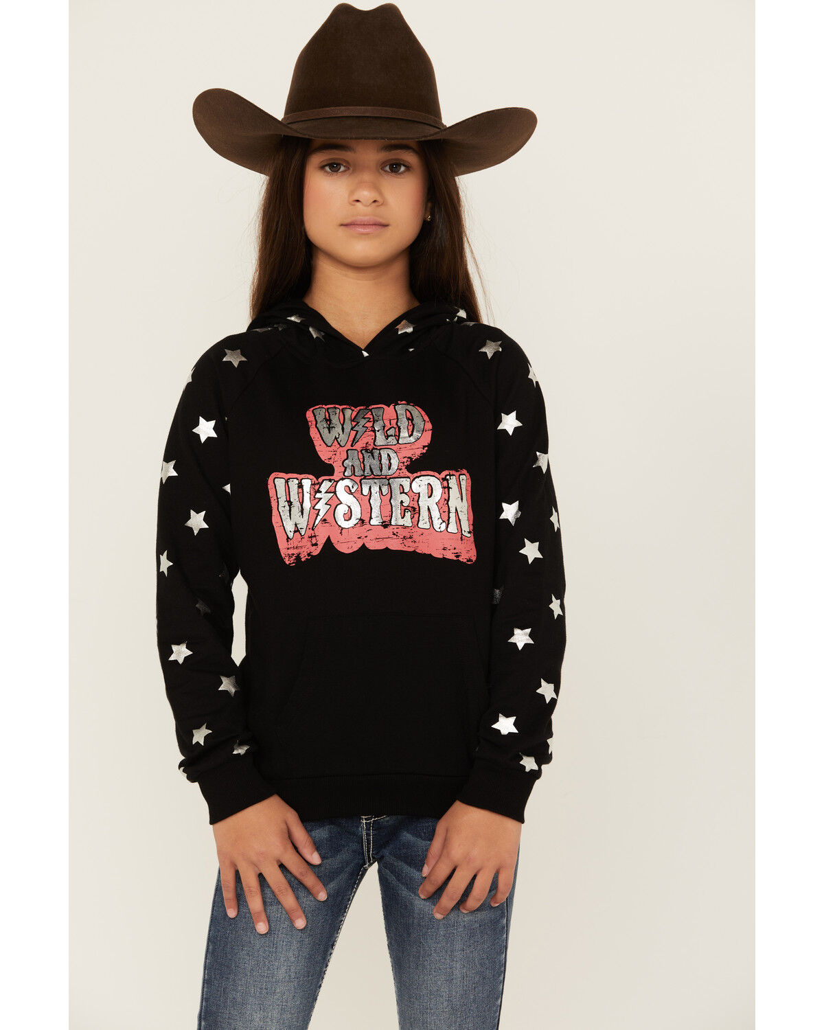 Image #1 - Rock & Roll Denim Girls' Boot Barn Exclusive Wild & Western Star Print Hoodie, Black, hi-res