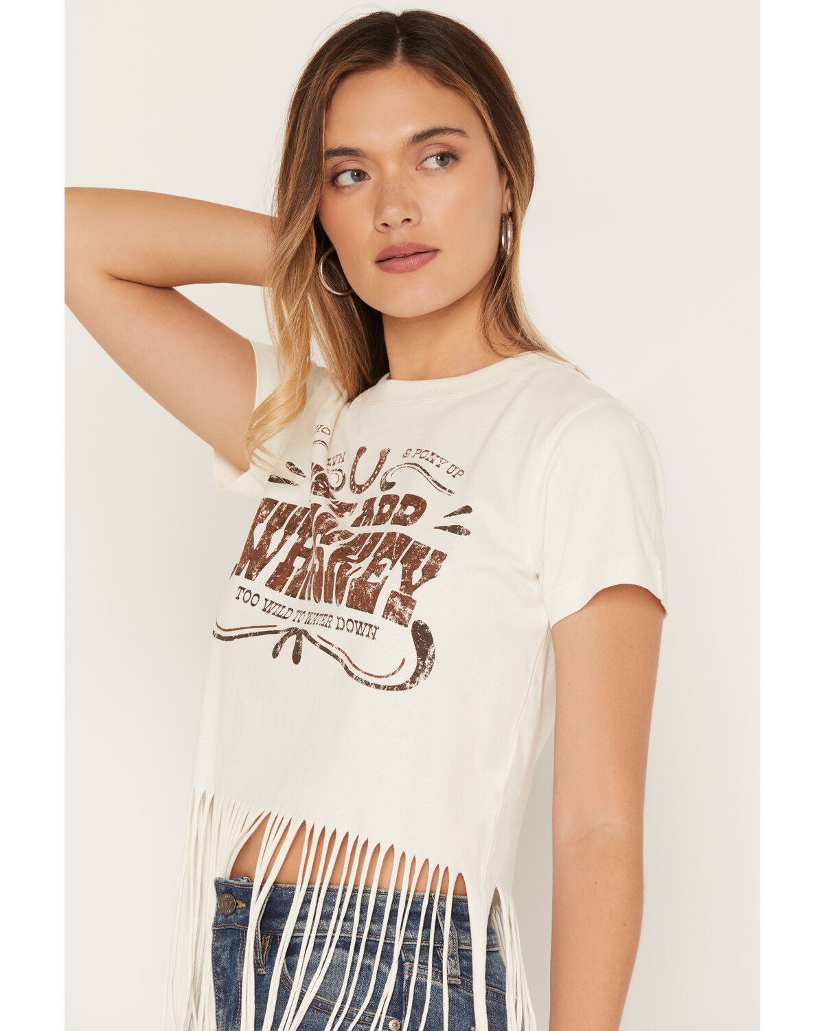 Image #2 - Shyanne Women's Whiskey Fringe Hem Short Sleeve Cropped Graphic Tee, White, hi-res
