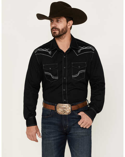 Rock 47 by Wrangler Men's Long Sleeve Embroidered Yoke Solid Snap Western Shirt - Big & Tall, Black, hi-res