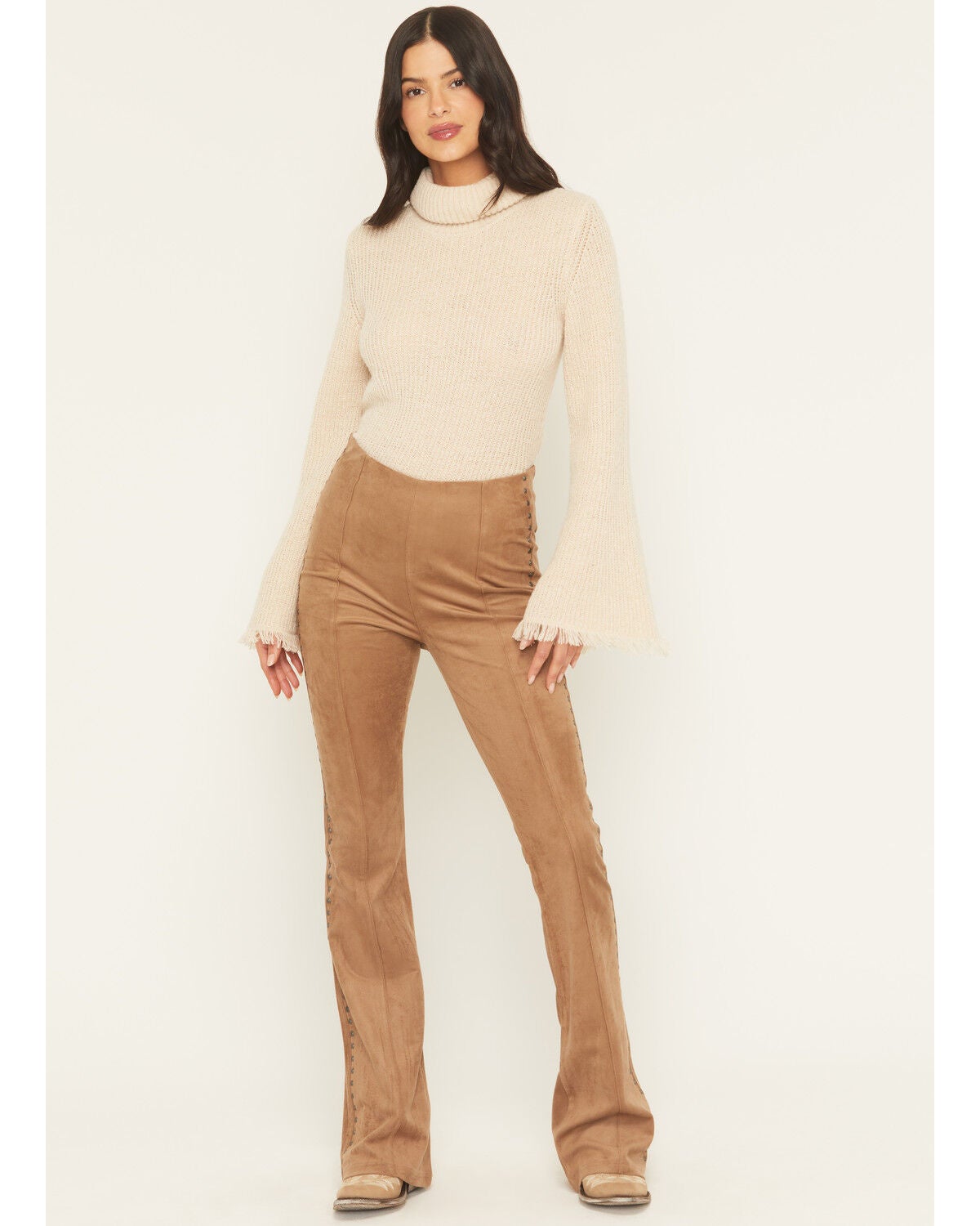Shyanne Women's Faux Suede Studded Flare Pants, Coffee, hi-res