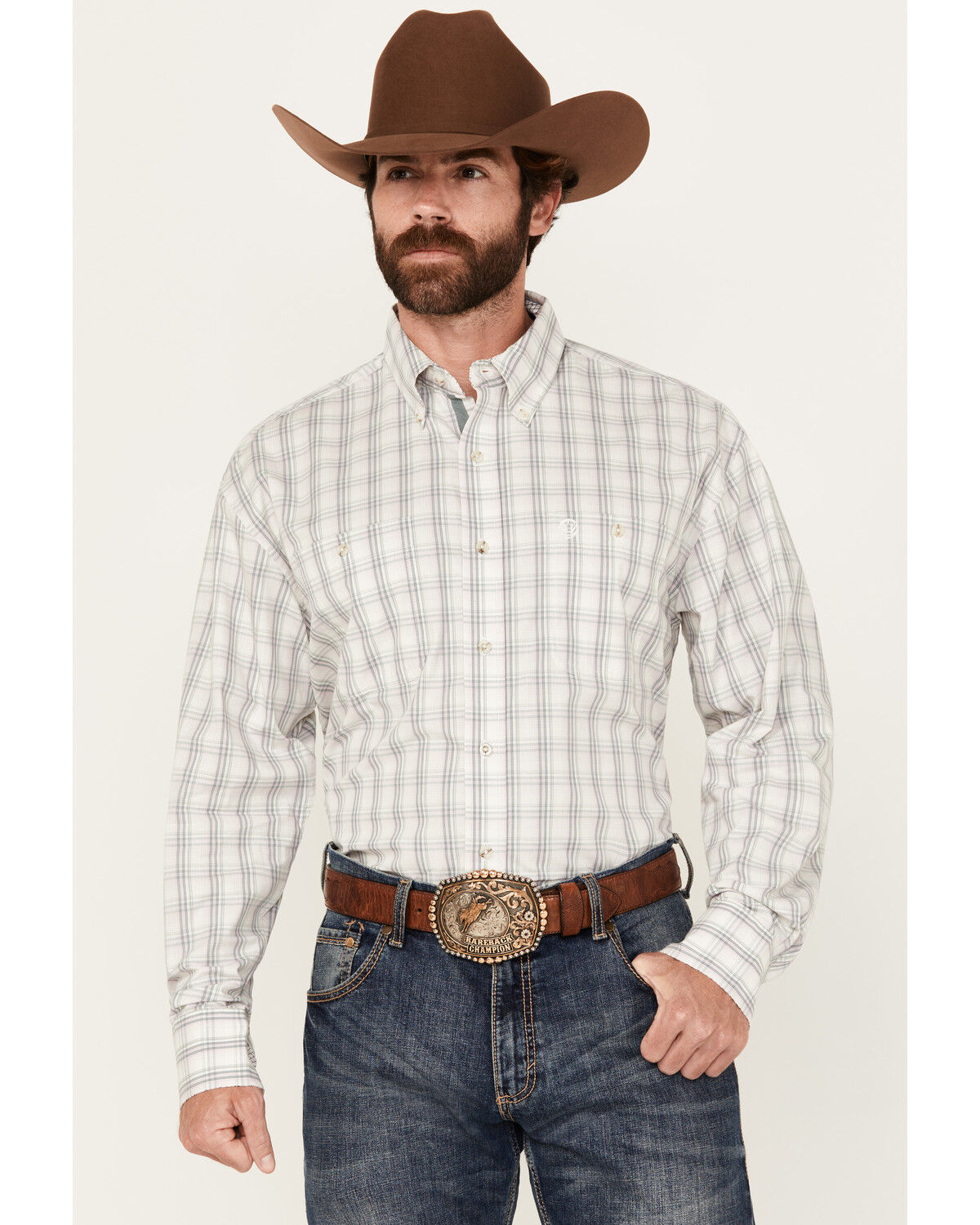 Image #1 - George Strait by Wrangler Men's Plaid Print Long Sleeve Button-Down Stretch Western Shirt, Light Grey, hi-res