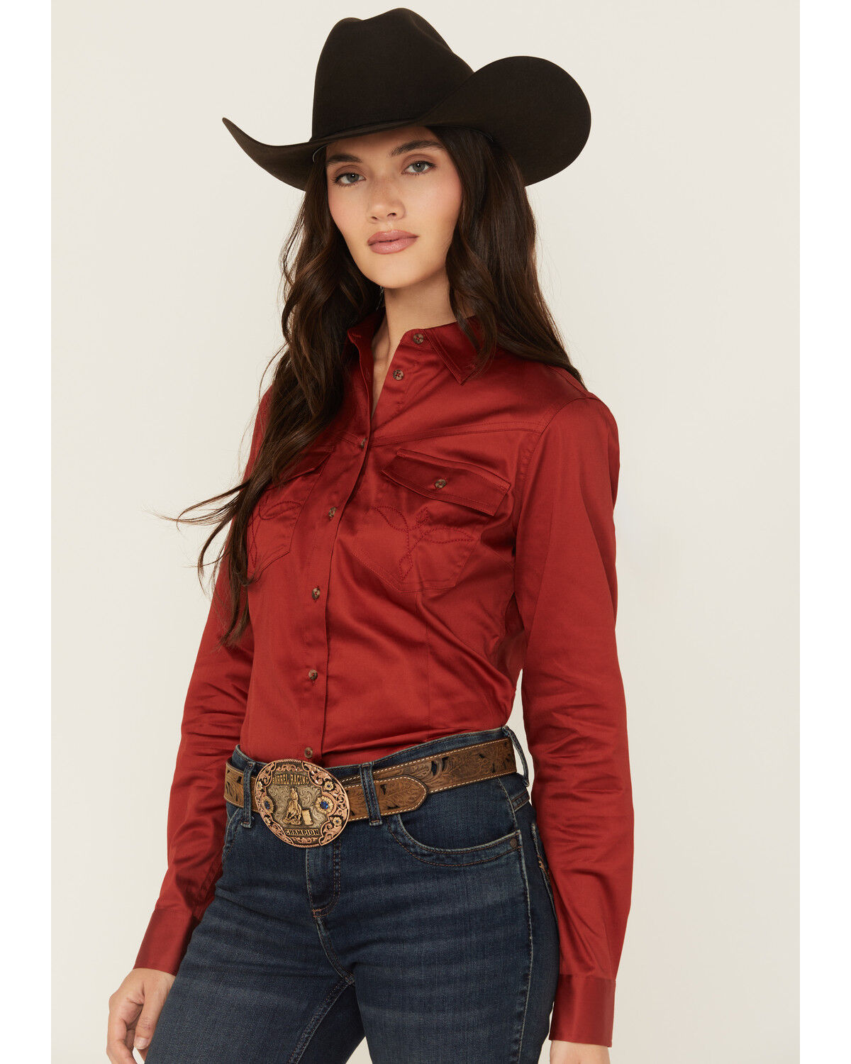 Image #2 - Shyanne Women's Solid Long Sleeve Button-Down Stretch Riding Shirt, Chilli, hi-res