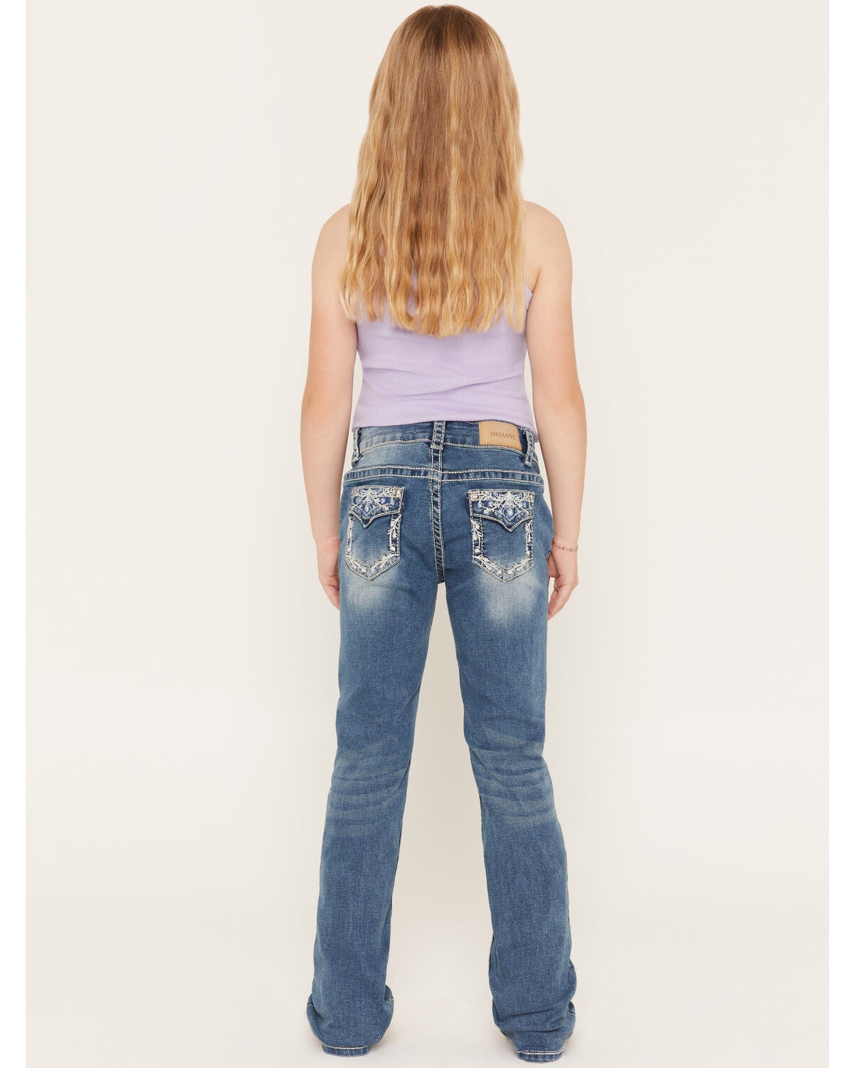 Image #1 - Shyanne Girls' Medium Wash Swirl Floral Embroidered Bootcut Stretch Denim Jeans, Blue, hi-res