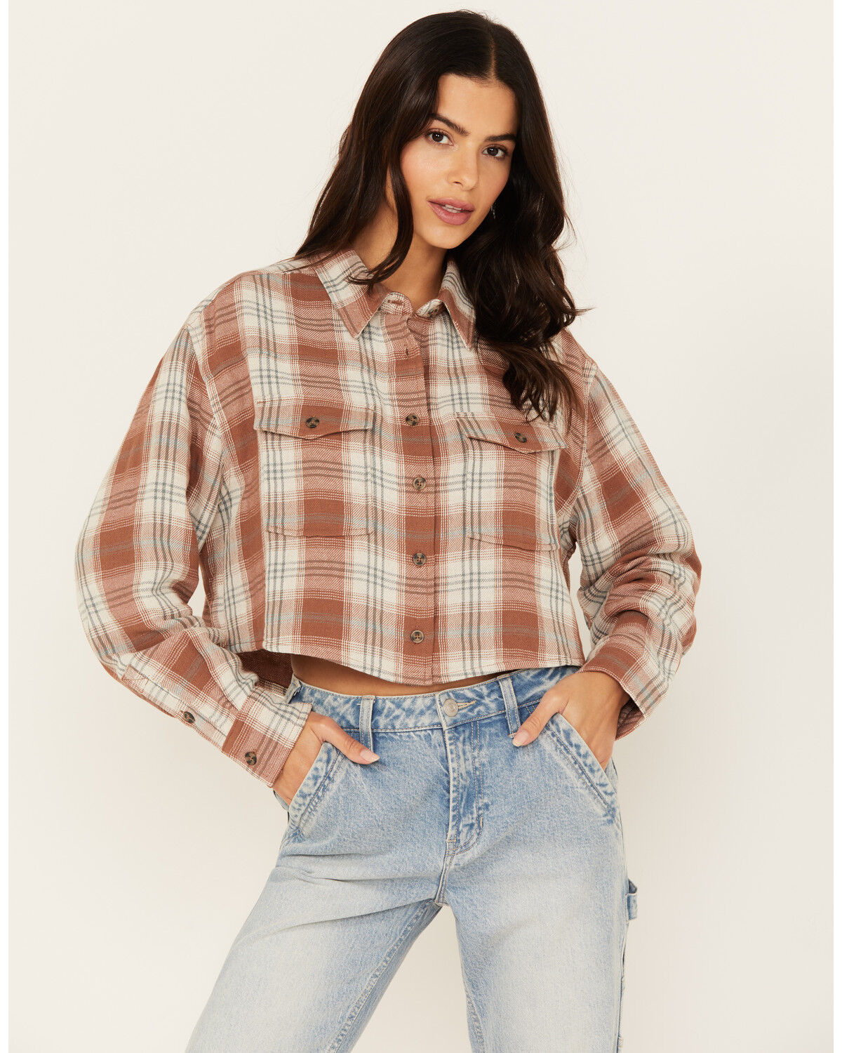 Image #1 - Cleo + Wolf Women's Fall Plaid Print Long Sleeve Cropped Button-Down Shirt, Coffee, hi-res