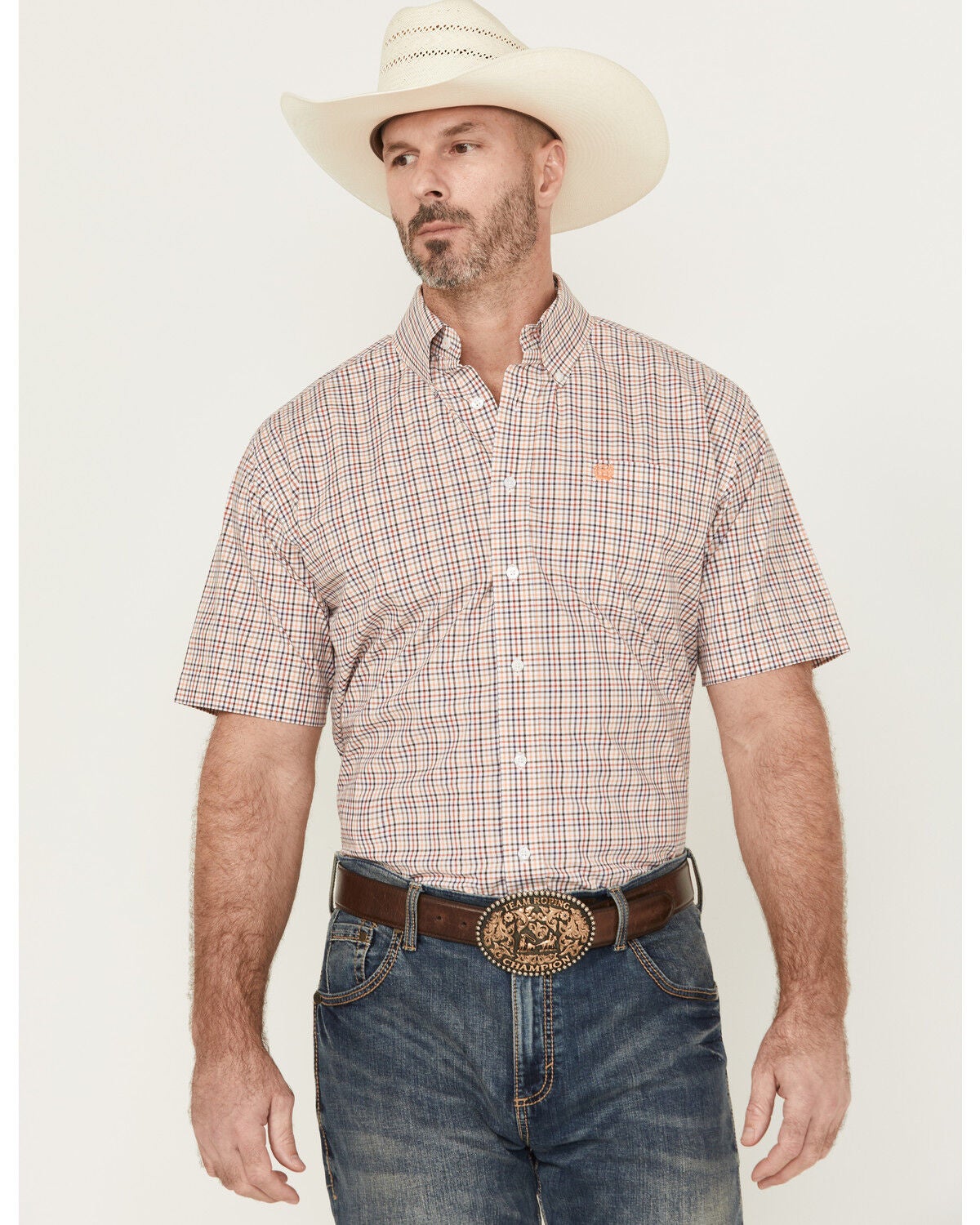 Cinch Men's Plaid Print Short Sleeve Button-Down Western Shirt, White, hi-res