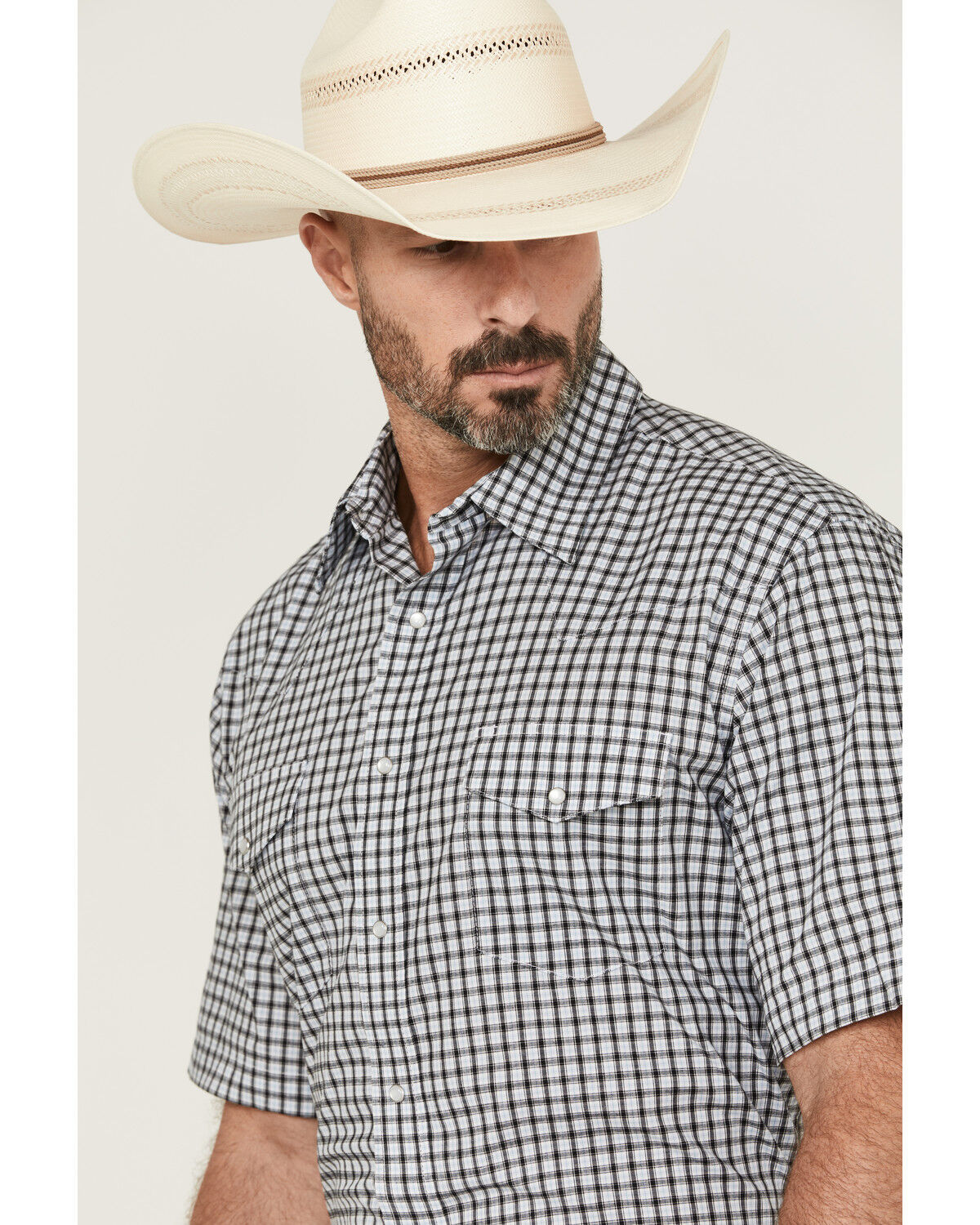 Image #2 - Wrangler Men's Plaid Print Short Sleeve Pearl Snap Stretch Western Shirt - Tall, Black, hi-res