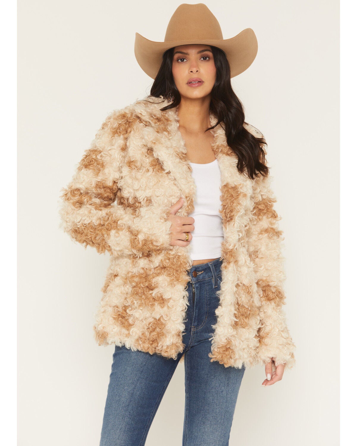 Shyanne Women's Perry Faux Fur Curly Cow Print Snap Coat - Country