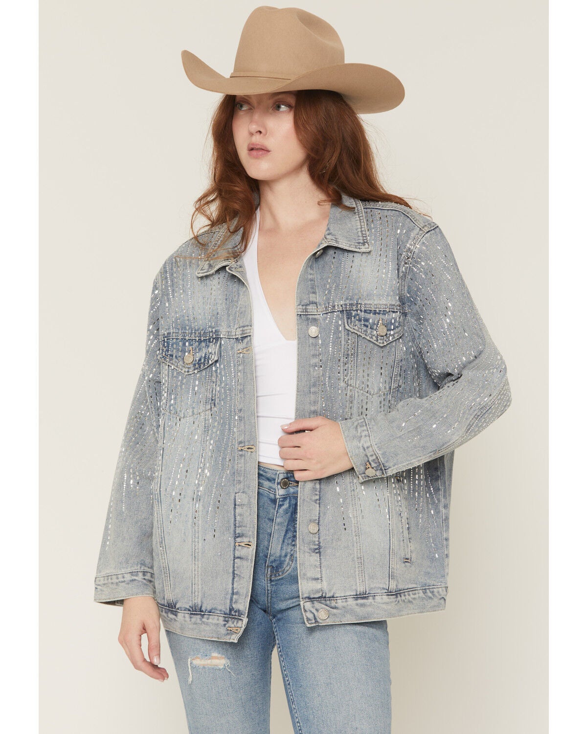 Image #1 - Azalea Wang Women's Light Wash Embellished Button-Down Denim Jacket, Light Wash, hi-res