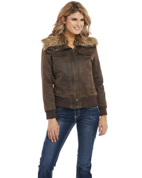 Cripple Creek Women's Enzyme Washed Cotton Faux Fur Concealed Carry Jacket, Brown, hi-res