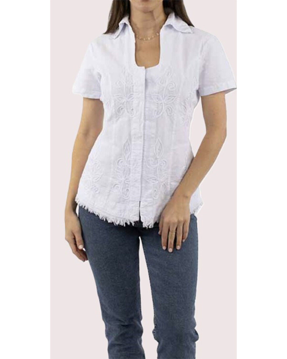 Scully Women's Embroidered Short Sleeve Button-Down Blouse, White, hi-res