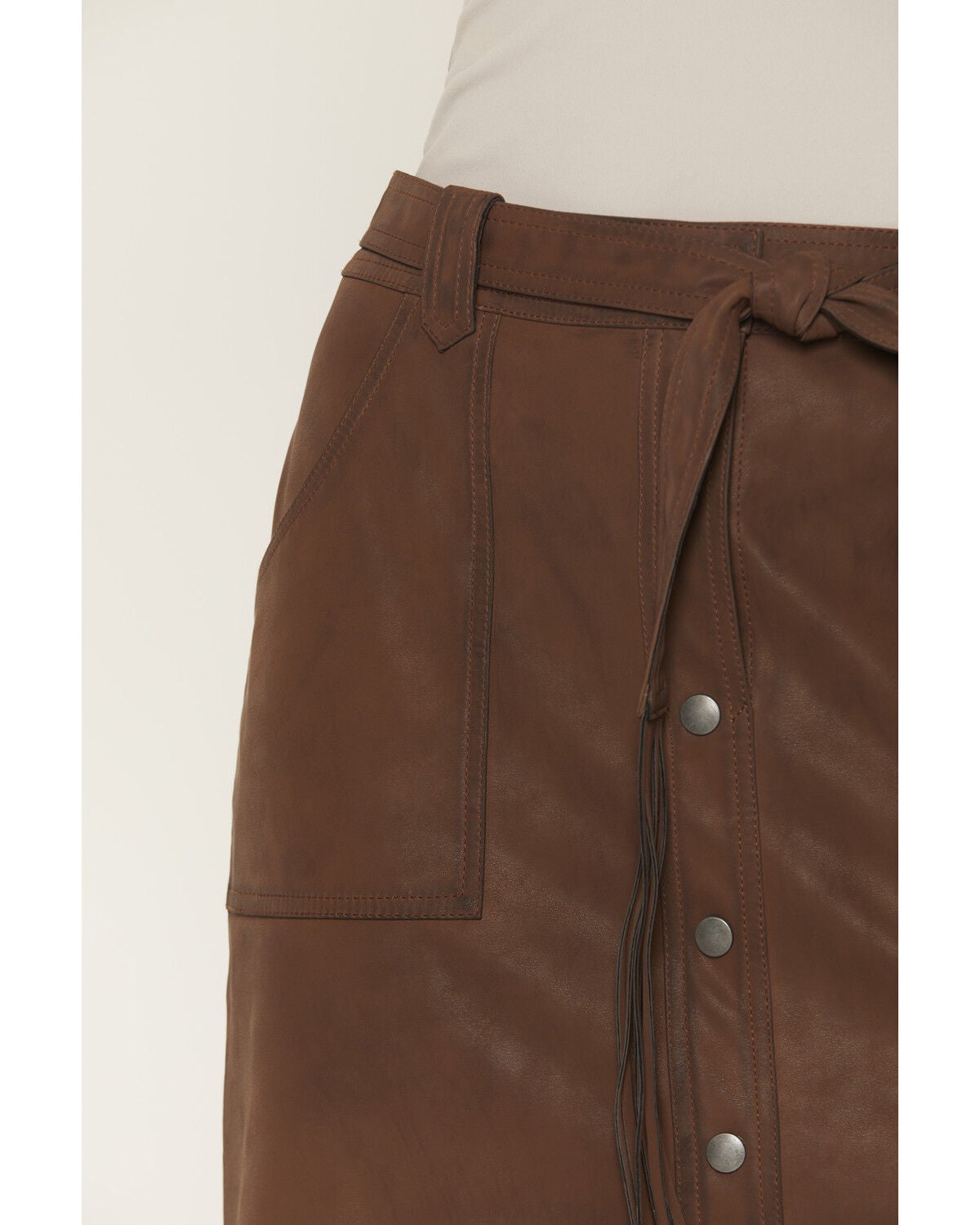 Image #4 - Shyanne Women's Taylor Distressed Faux Leather Belted Mini Skirt, Brown, hi-res