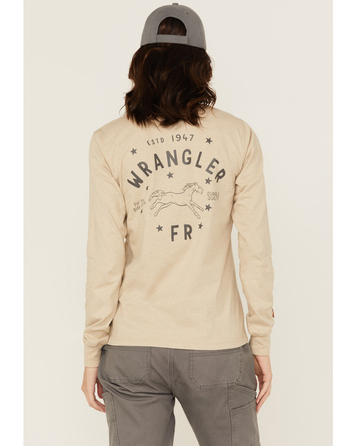 Image #1 - Wrangler Women's FR Pony Long Sleeve Graphic Work T-Shirt - Plus, Tan, hi-res