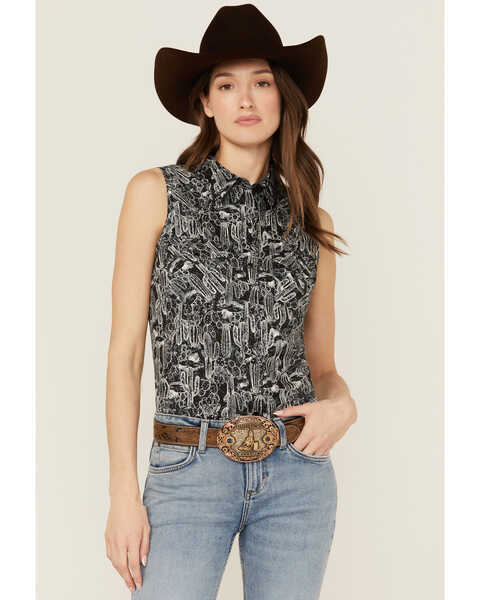 Wrangler Women's Cactus Print Sleeveless Snap Western Shirt , Black, hi-res