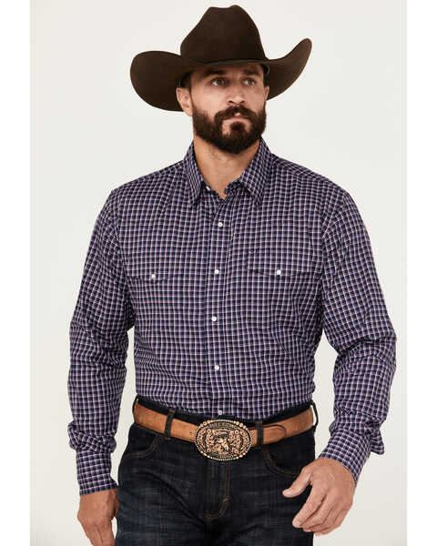 Wrangler Men's Plaid Print Long Sleeve Pearl Snap Western Shirt, Navy, hi-res