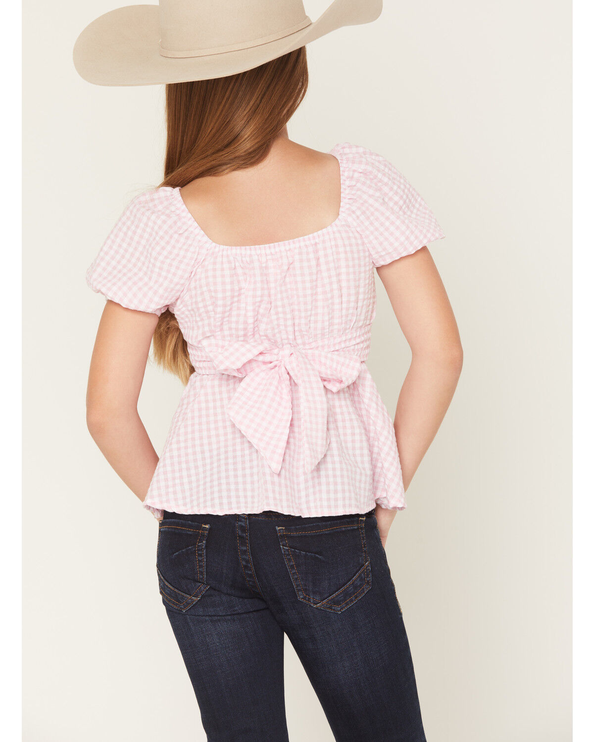 Image #4 - Originality Girls' Emma Gingham Short Puff Sleeve Ruffle Shirt, Pink, hi-res