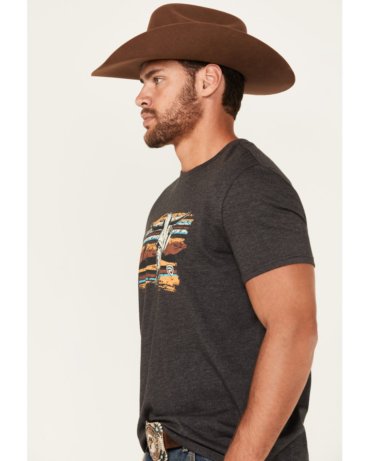 Image #2 - Rock & Roll Denim Men's Long Horn Short Sleeve Graphic T-Shirt, Charcoal, hi-res