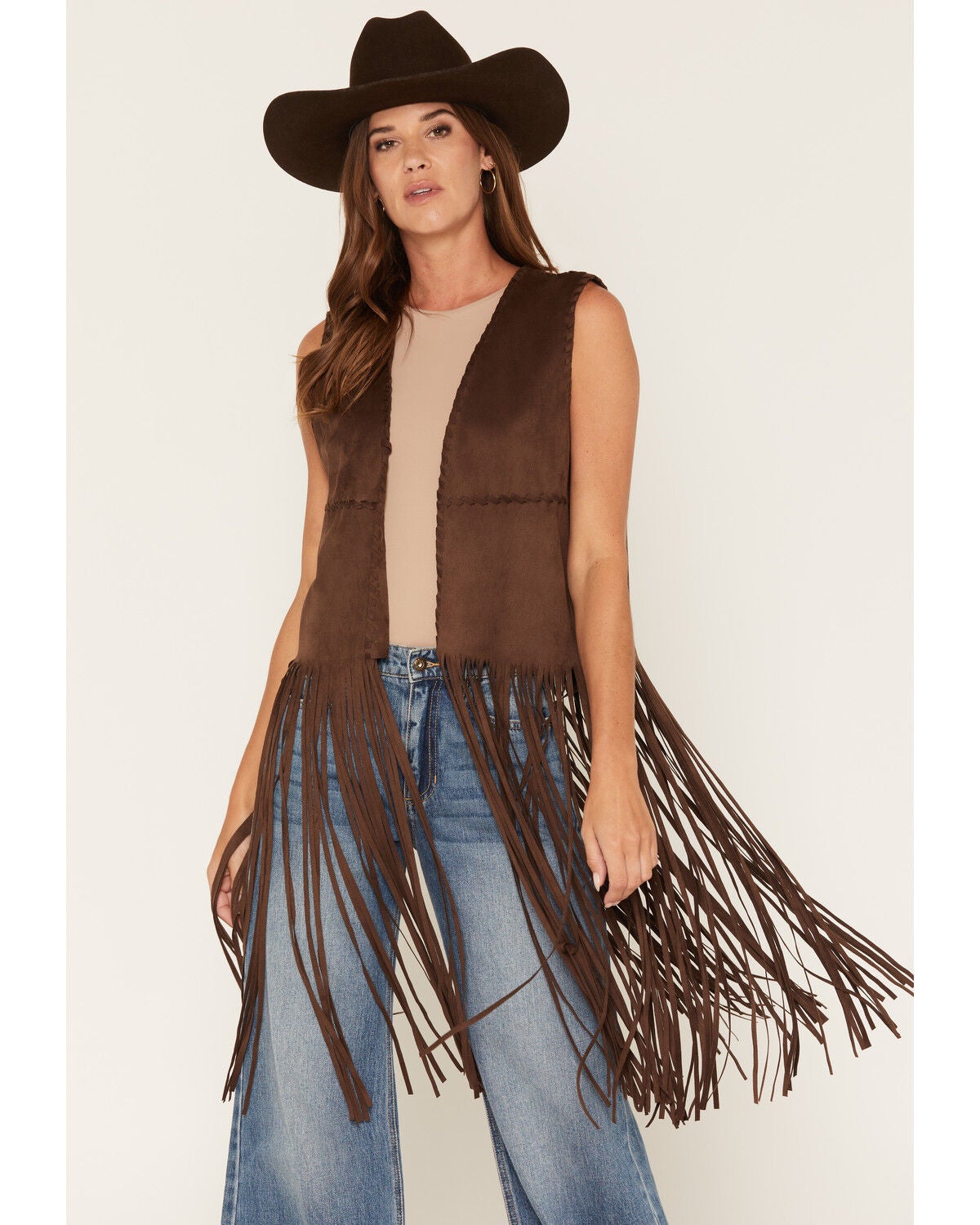 Fornia Women's Boot Barn Exclusive  Faux Suede Whip Stitch Fringe Vest, Brown, hi-res