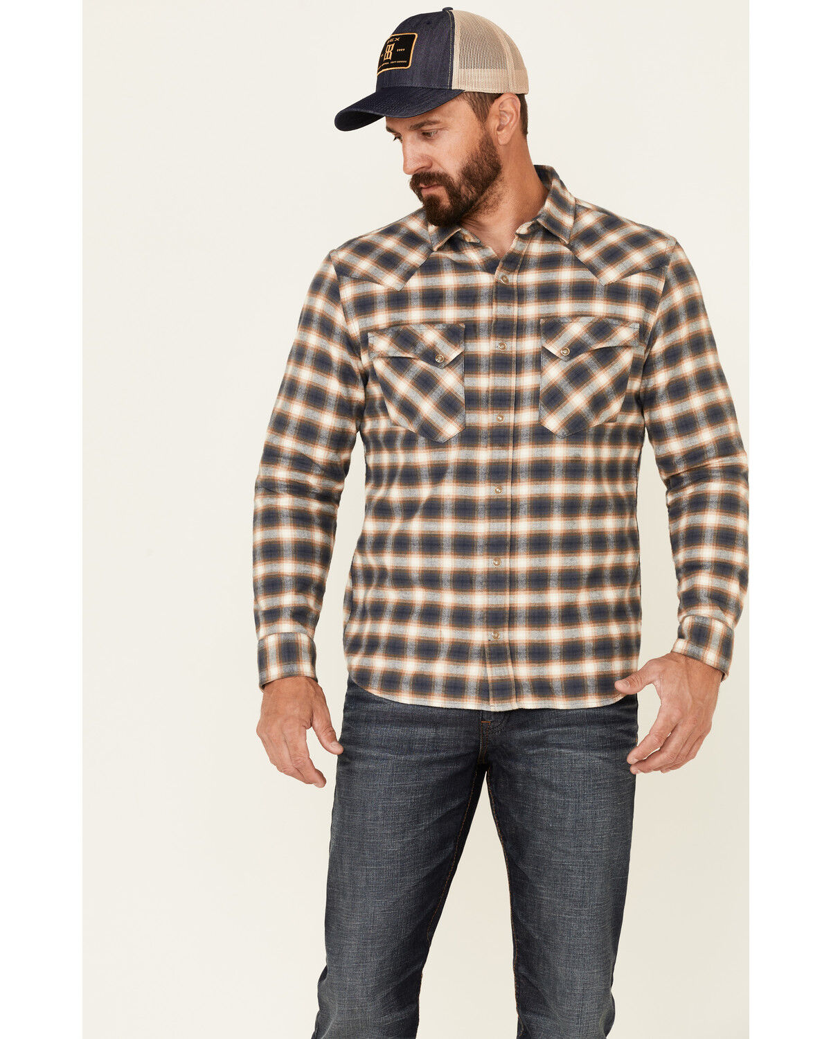 Image #1 - Pendleton Men's Navy Wyatt Small Plaid Long Sleeve Snap Western Shirt, Navy, hi-res