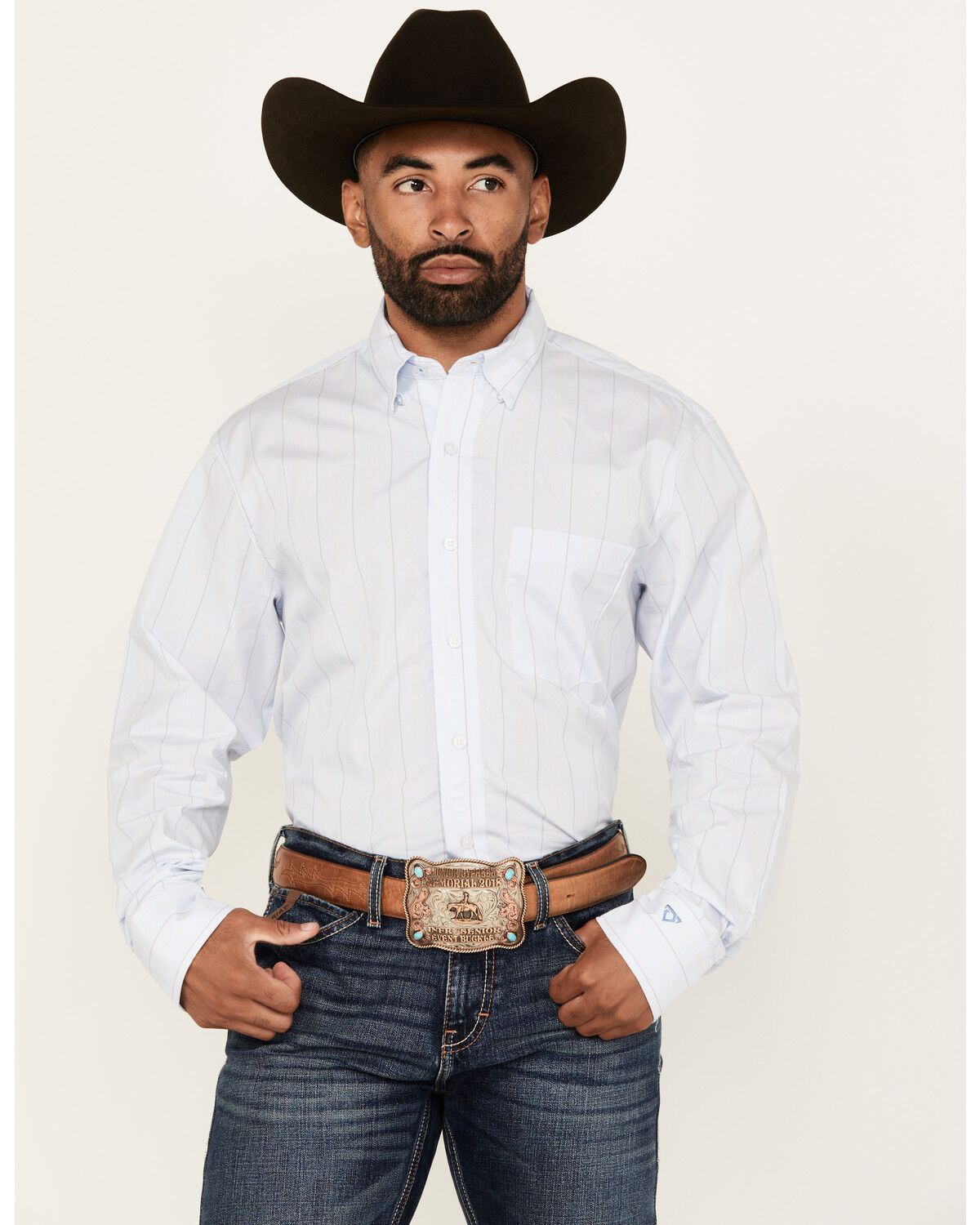 Image #1 - Wrangler X Cody Johnson Men's Striped Print Long Sleeve Button-Down Western Shirt, Blue, hi-res