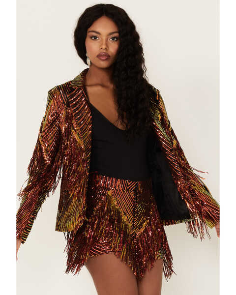 Any Old Iron Women's Sequins and Fringe Jacket, Rust Copper, hi-res