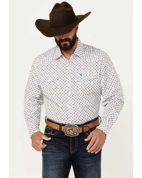 Image #1 - Rodeo Clothing Men's Southwestern Geo Print Long Sleeve Pearl Snap Western Shirt, White, hi-res