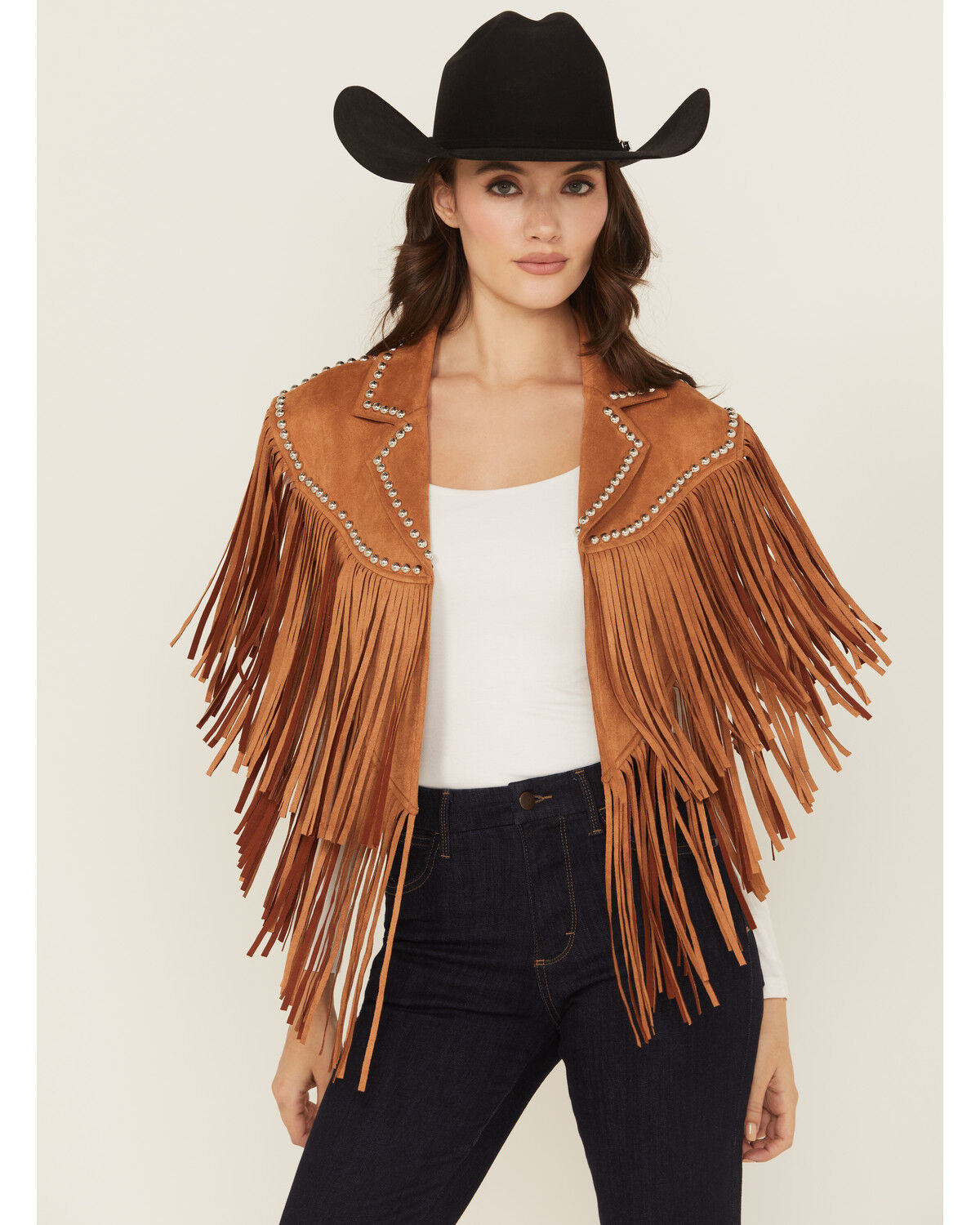 Image #1 - Saints & Hearts Women's Faux Suede Studded Cape, Brown, hi-res