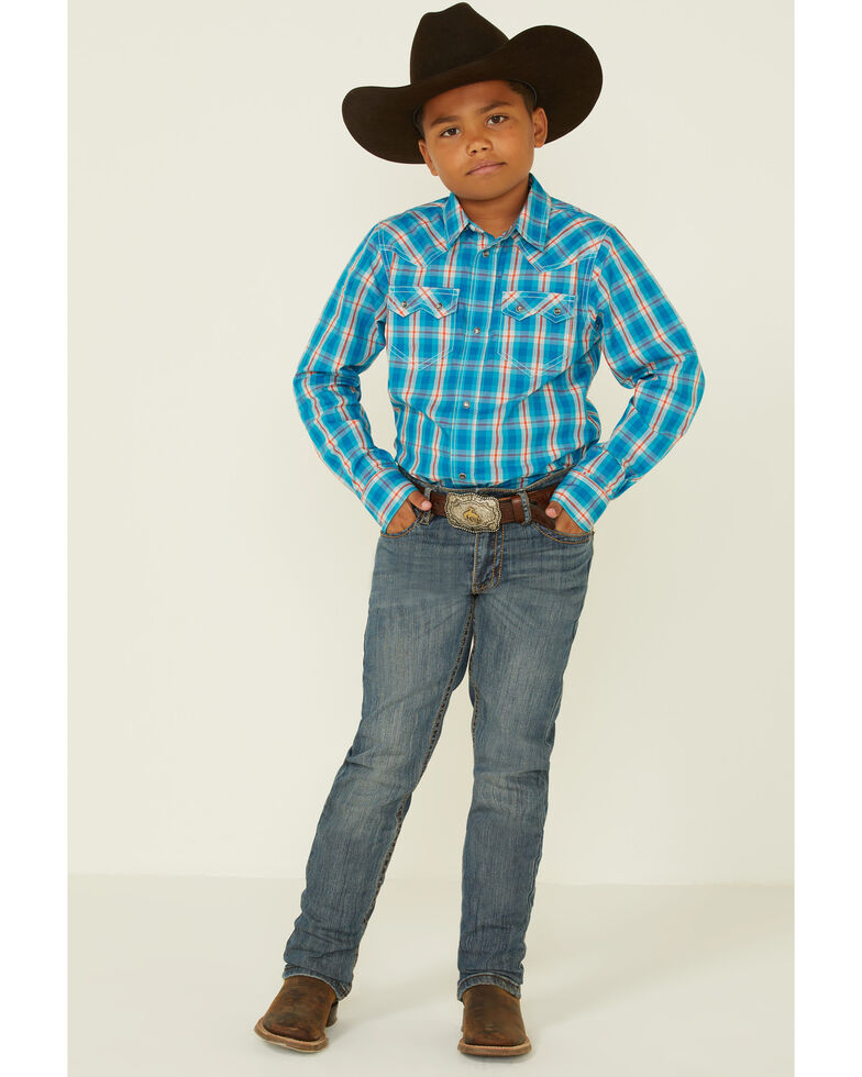 Cody James Boys' Briar Patch Plaid Long Sleeve Snap Western Shirt , Teal, hi-res