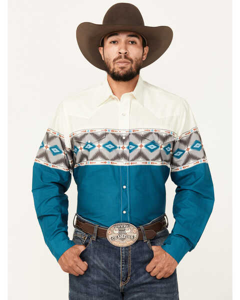 Roper Men's Vintage Southwestern Print Long Sleeve Snap Western Shirt , Blue, hi-res