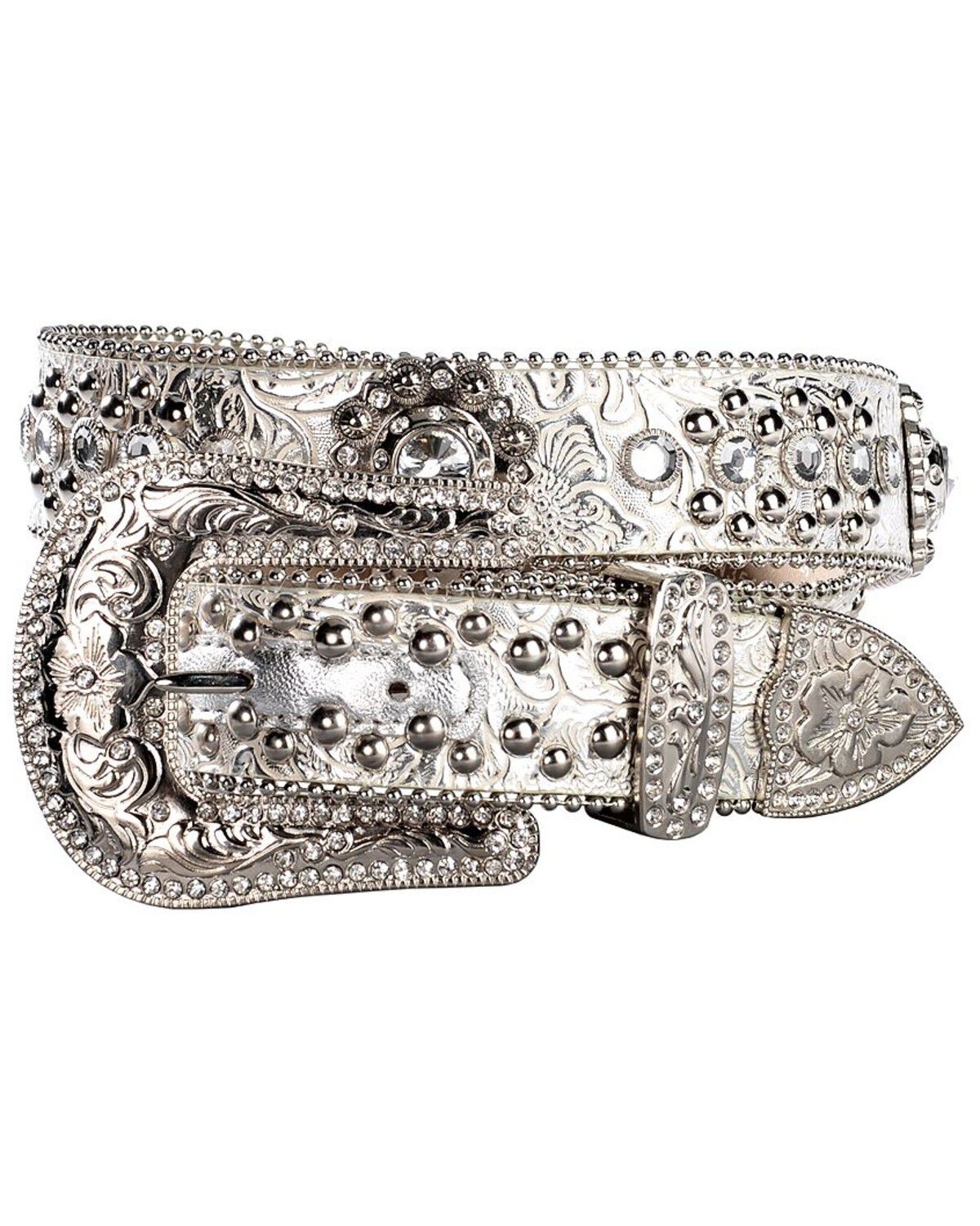Blazin Roxx Floral Concho & Crystal Metallic Silver Leather Belt, Silver, hi-res