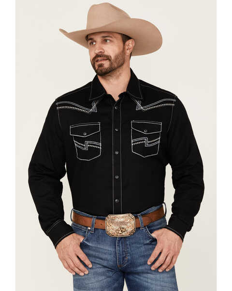 Rock 47 By Wrangler Men's Solid Embroidered Long Sleeve Snap Western Shirt , Black, hi-res