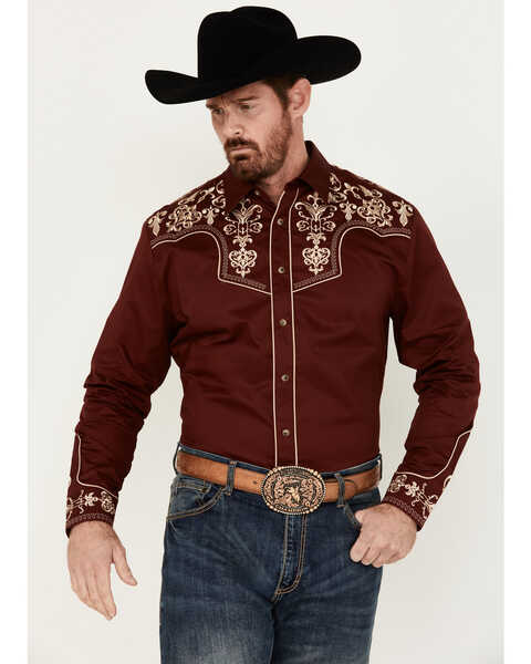 Rodeo Clothing Men's Embroidered Yoke Long Sleeve Pearl Snap Western Shirt , Burgundy, hi-res