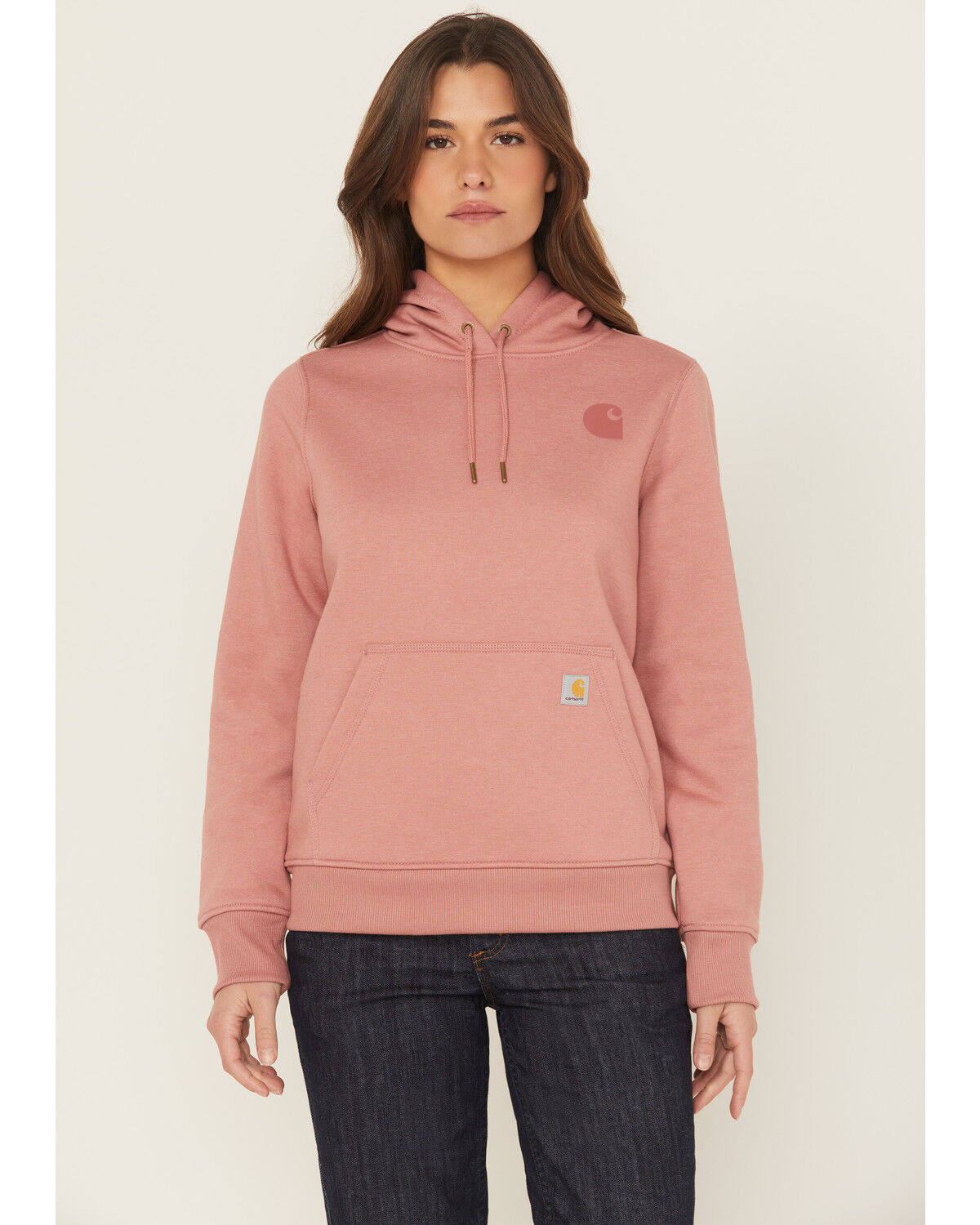 Image #1 - Carhartt Women's Relaxed Fit Midweight Logo Sleeve Graphic Hoodie, Rose, hi-res