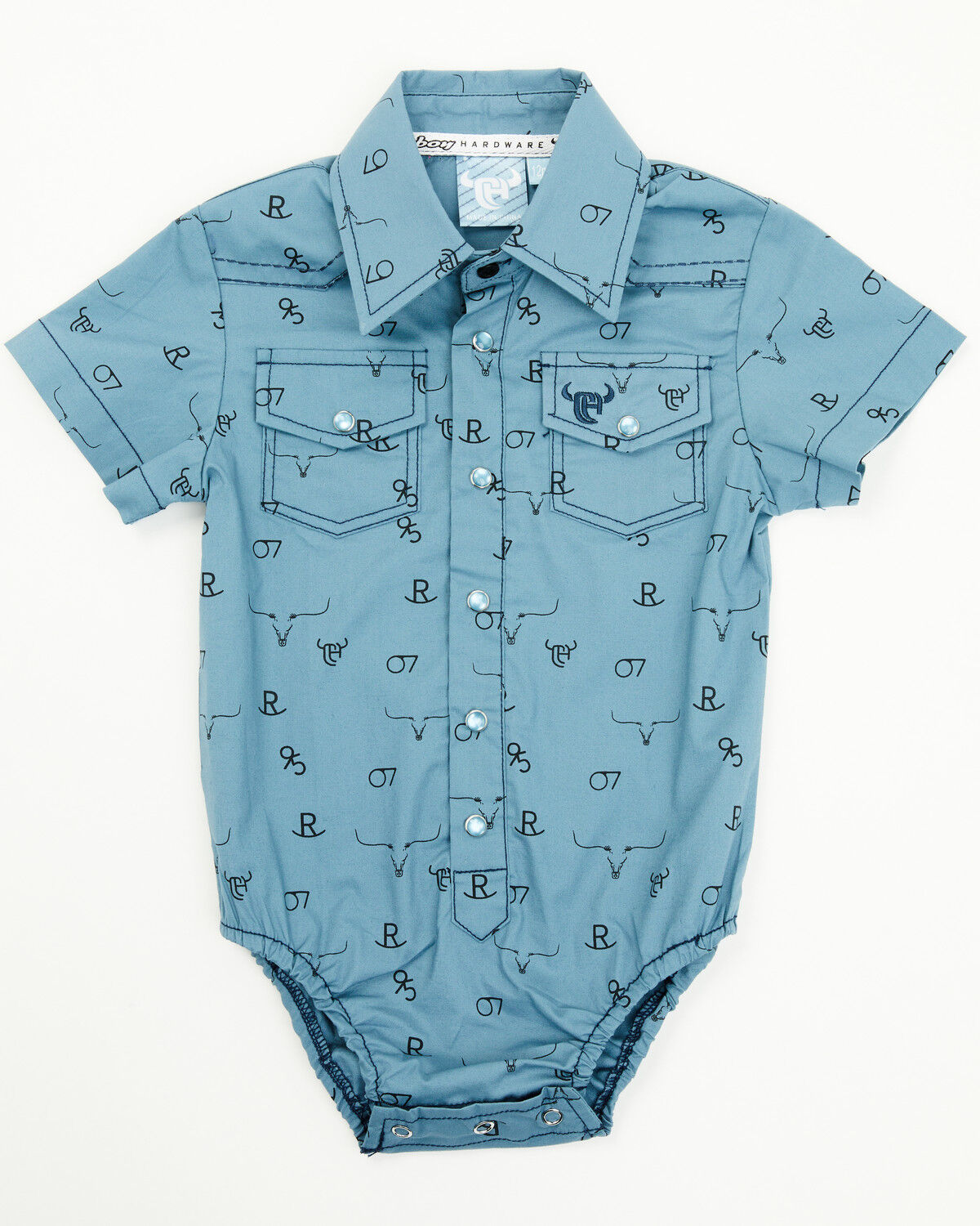 Image #1 - Cowboy Hardware Infant Boys' Branding Iron Short Sleeve Snap Onesie, Blue, hi-res