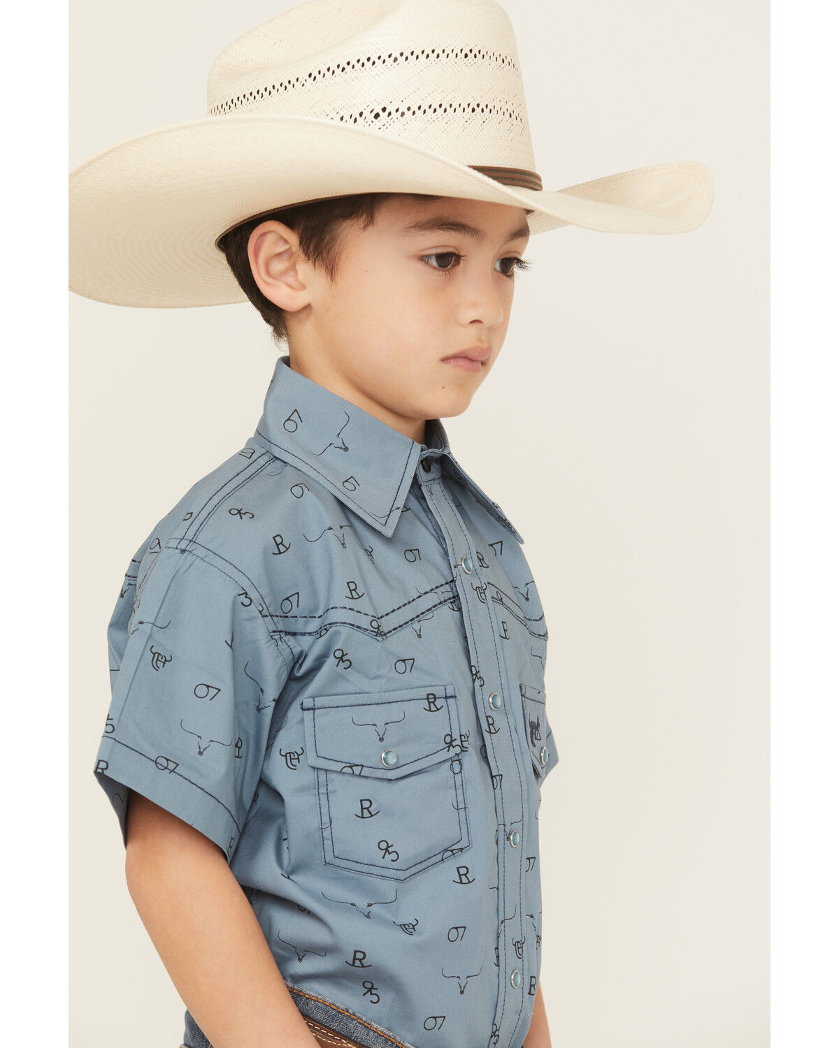 Image #2 - Cowboy Hardware Boys' Branding Iron Short Sleeve Snap Western Shirt, Blue, hi-res