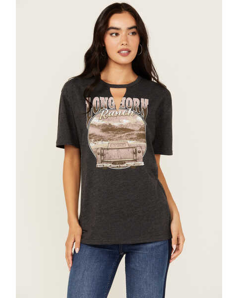 Image #1 - Youth in Revolt Women's Cutout Neck Long Horn Ranch Graphic Tee, Dark Grey, hi-res